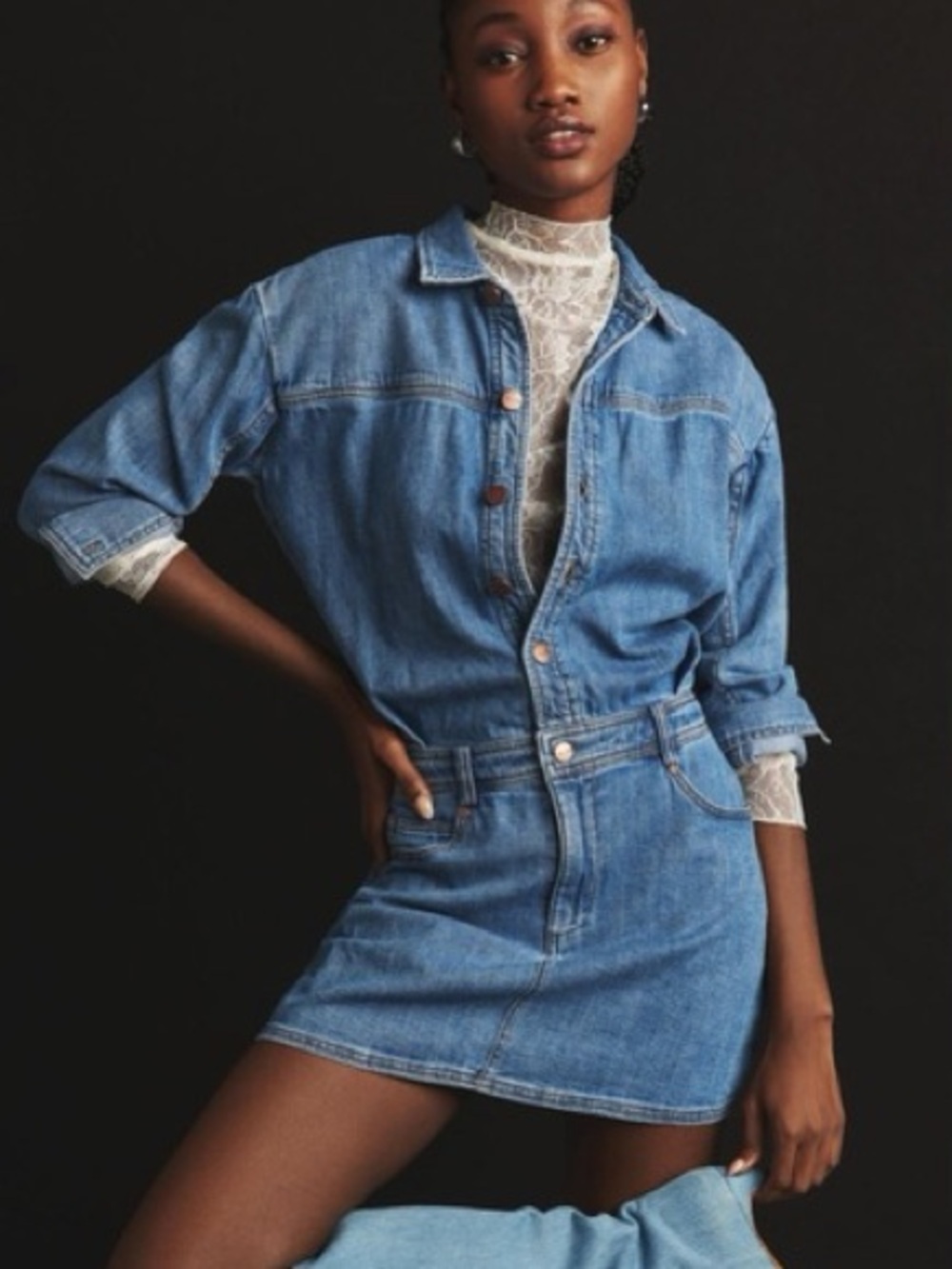 Pilcro Anthropologie Blue Denim Mini Shirt Dress Long Sleeve Country Boho Medium